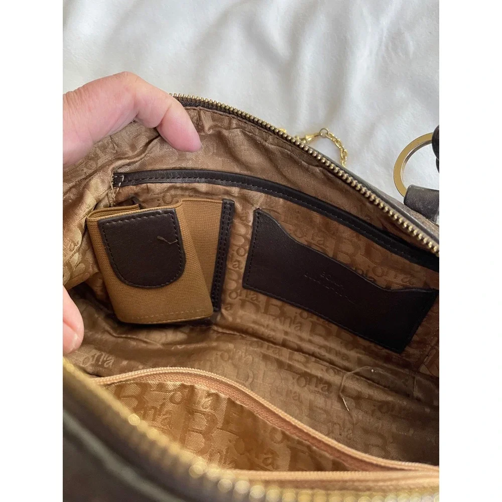 Bonia Monogram Canvas Satchel Bag Brown Leather Trim Gold Hardware Studded